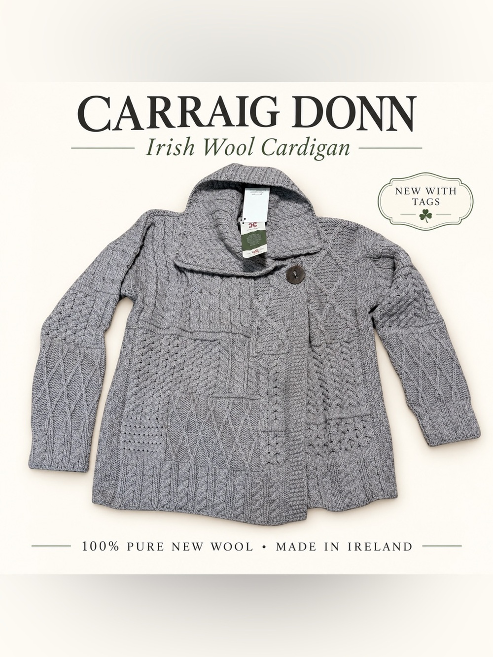 Carraig Donn Gray Irish Wool Aran Cable Knit Shawl Collar Cardigan Size XXL  NWT